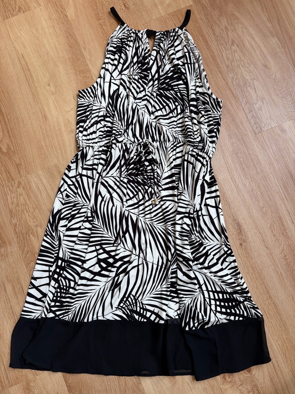 Peter Som Black White Tropical Print Halter Dress Tie Waist XL